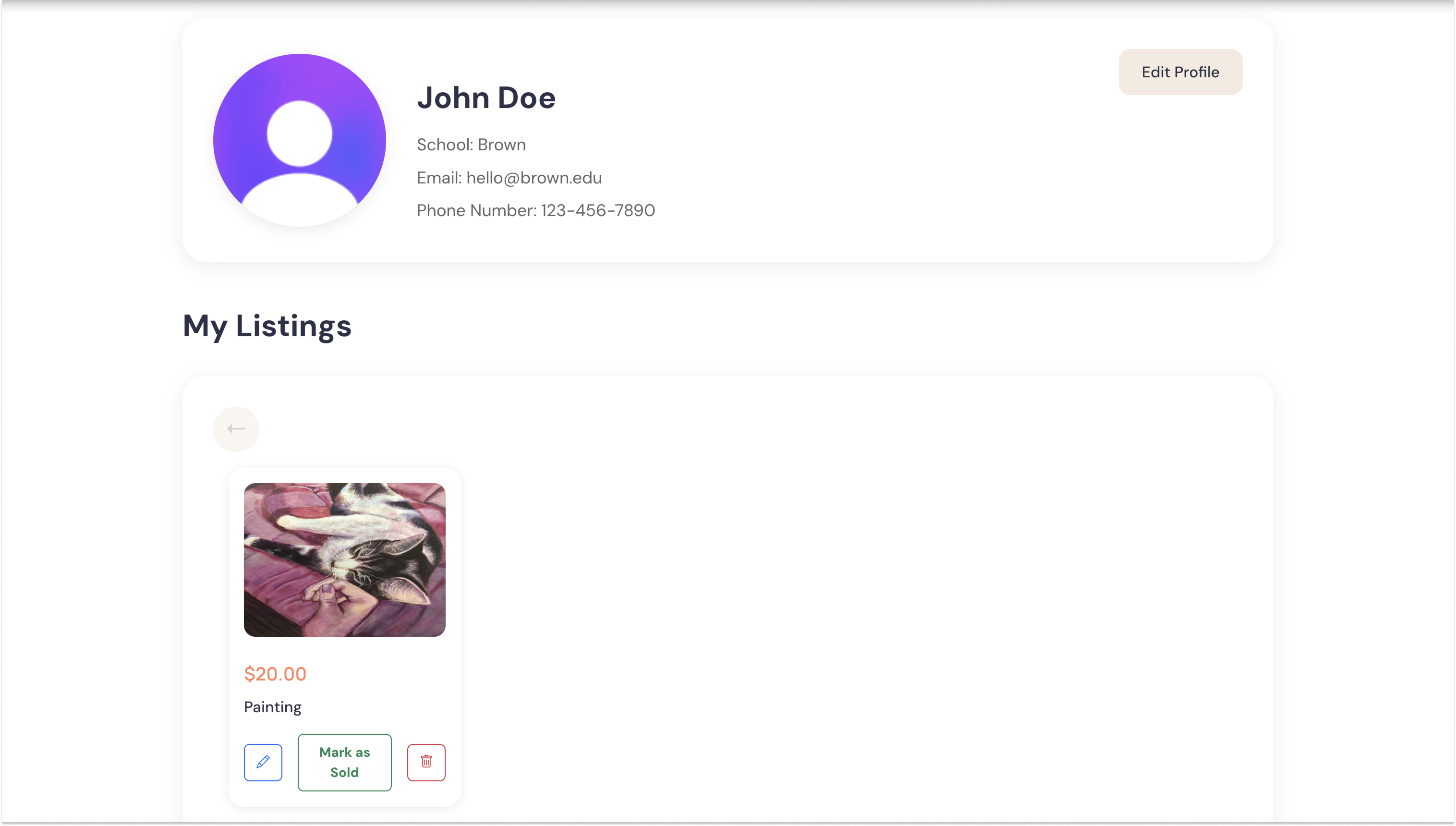 Profile view, with profile picture, contact info, and listings